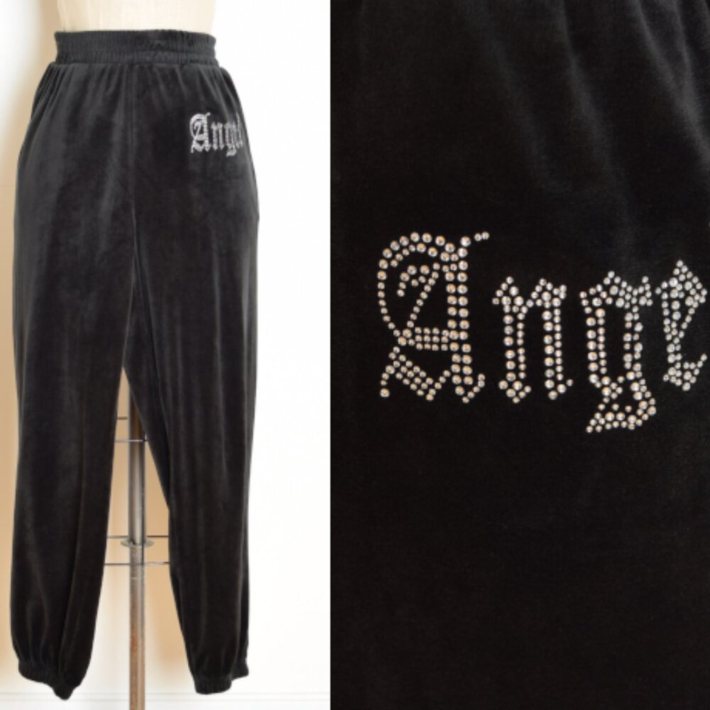 vintage Y2K pants black velour ANGEL rhinestone track sweatpants jersey shore L